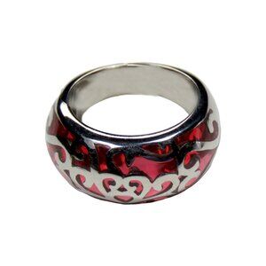 Inox Women's Polished Stainless Steel Ring with Red Accents